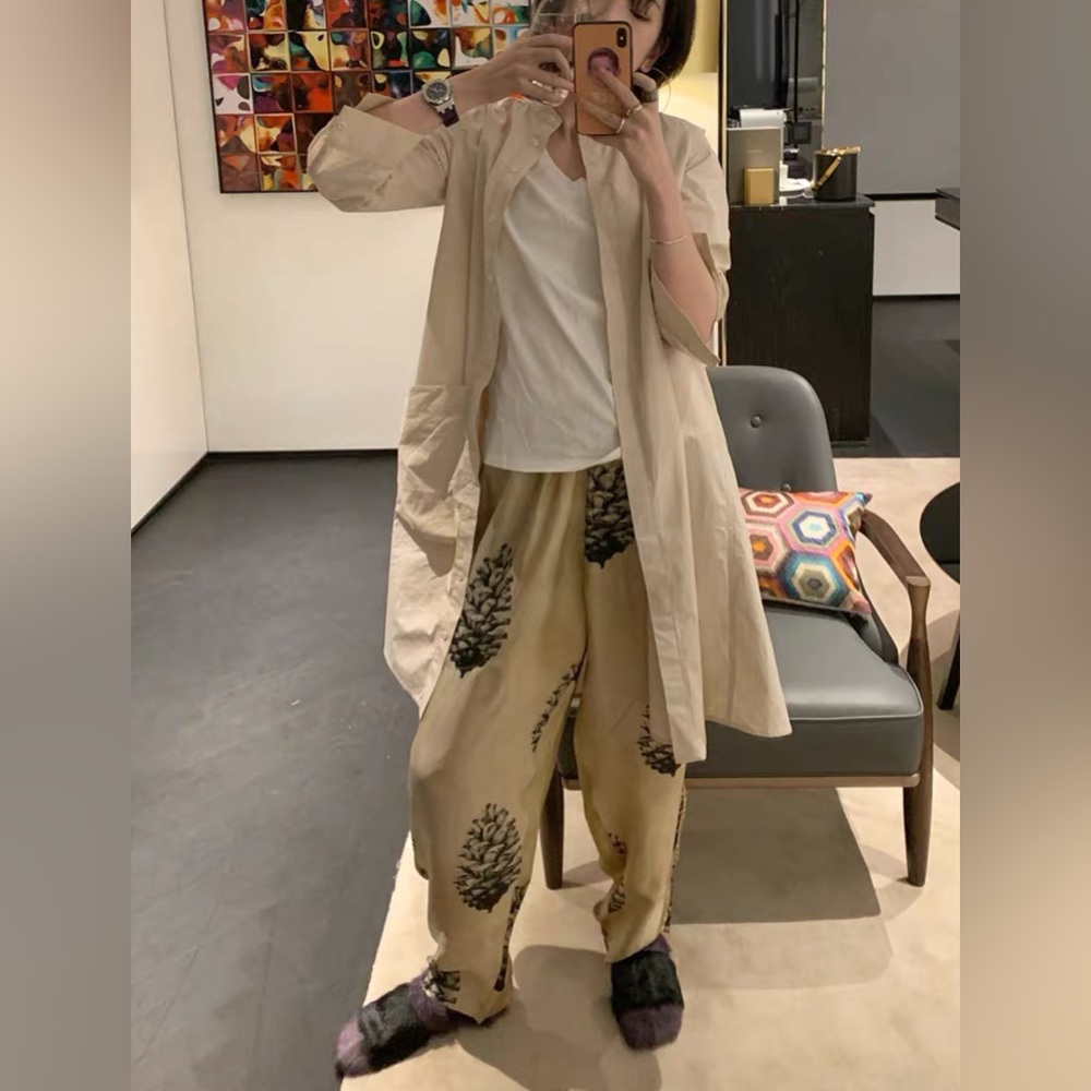 Uma Wang Style Cupro Print Tie-dyed High-waist wide Leg Loosefit Casual Pants